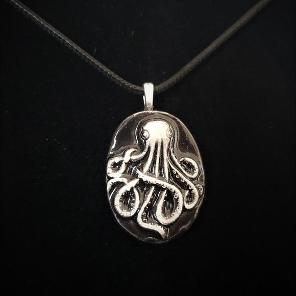 Handmade Ceramic Black Octopus Kraken Pendant Necklace - Picture 2 of 14